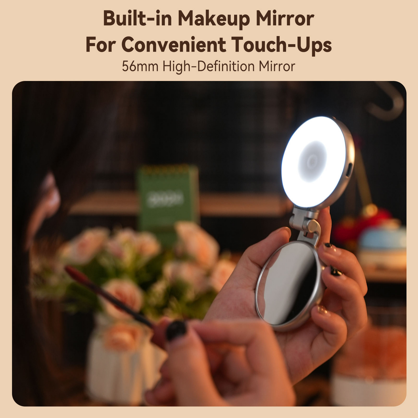 Portable 360° Adjustable LED Ring Light with Makeup Mirror – Magnetic Beauty Selfie Light for Phones & Desktops